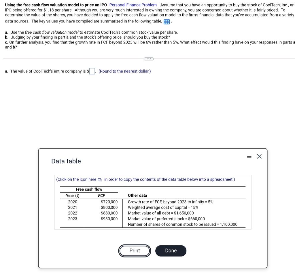 Solved Using The Free Cash Flow Valuation Model To Price An | Chegg.com