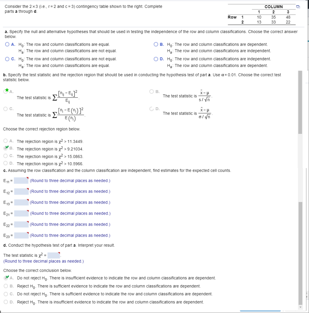Solved Consider the 2x3 (ie, r 2 and c 3) contingency table | Chegg.com