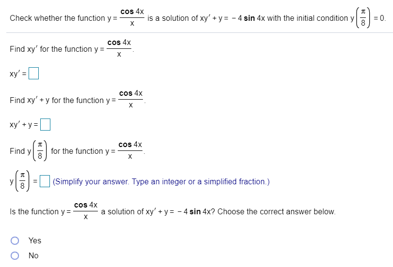 Solved cos 4x Check whether the function y=- is a solution | Chegg.com