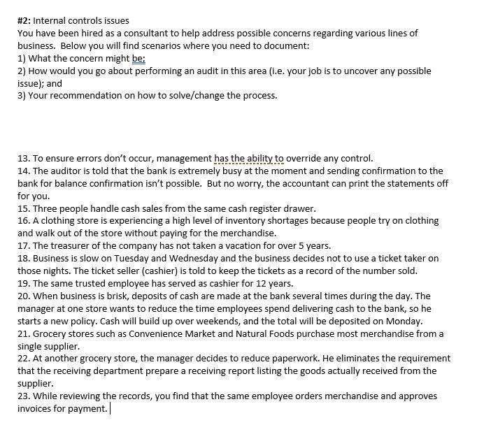 #2: Internal controls issues You have been hired as a | Chegg.com