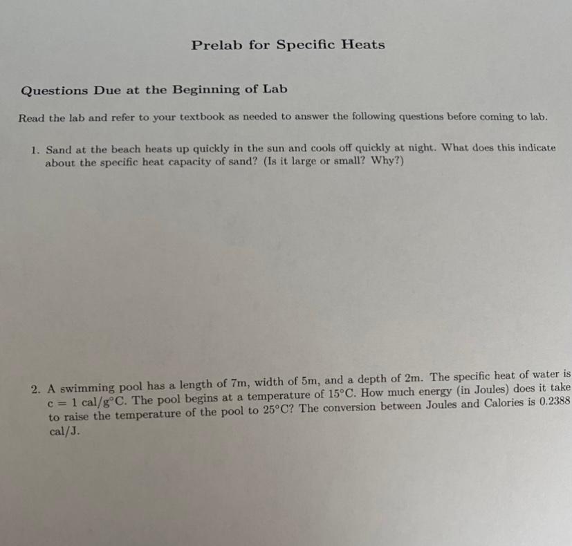 Solved Prelab for Specific Heats Questions Due at the