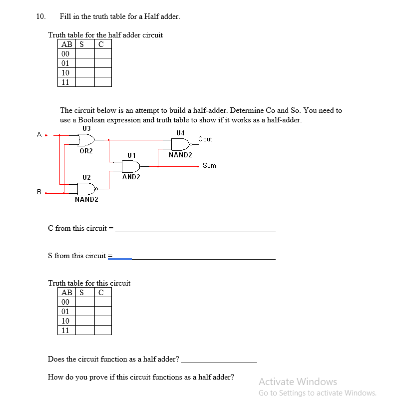 Solved 10. Fill in the truth table for a Half adder. Truth | Chegg.com