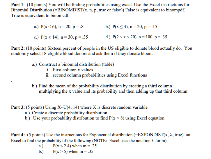 Solved Part 1 10 Points You Will Be Finding Probabilit Chegg Com