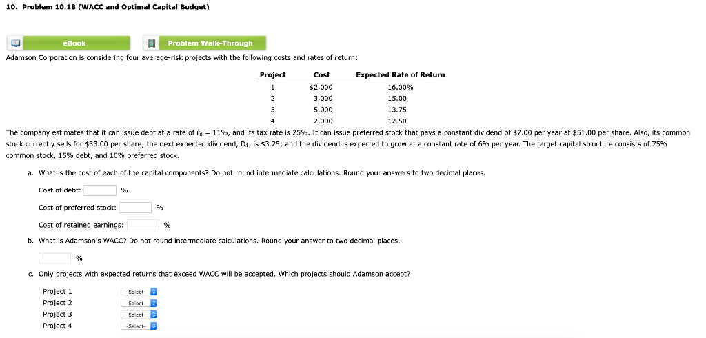Solved 10. Problem 10.18 (WACC and Optimal Capital Budget) | Chegg.com