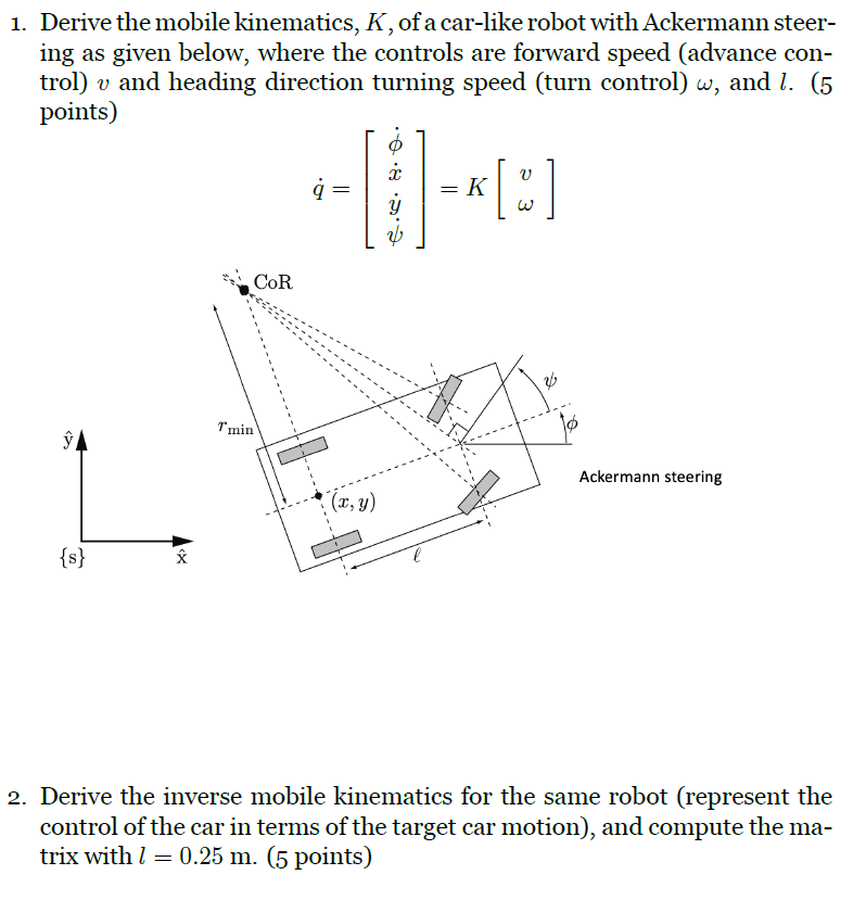 Derive the mobile kinematics, \( K \), of a car-like robot with Ackermann steering as given below, where the controls are for