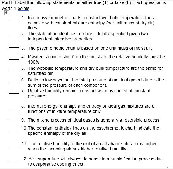 Solved Part I. Label the following statements as either true | Chegg.com