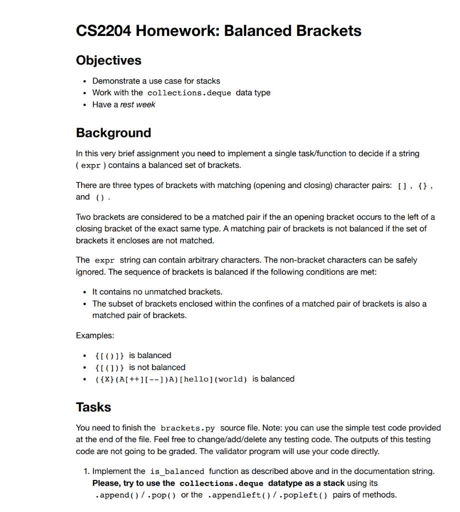 Solved CS2204 Homework Balanced Brackets Objectives •