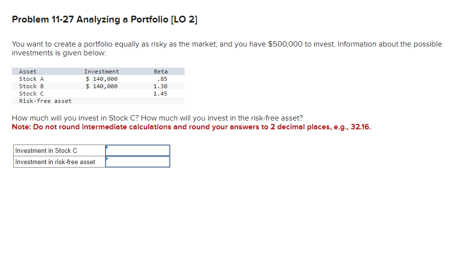 You want to create a portfolio equally as risky as the market, and you have \( \$ 500,000 \) to invest. Information about the