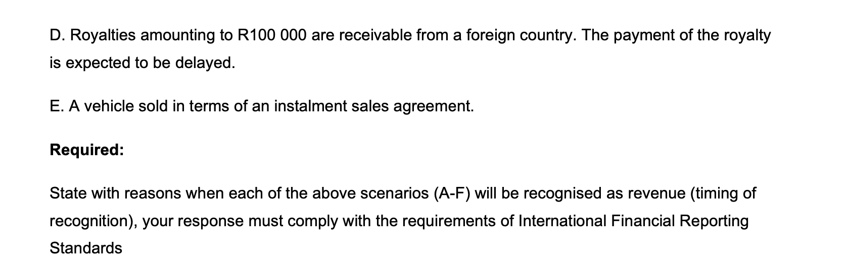 D. Royalties amounting to R100 000 are receivable from a foreign country. The payment of the royalty
is expected to be delaye