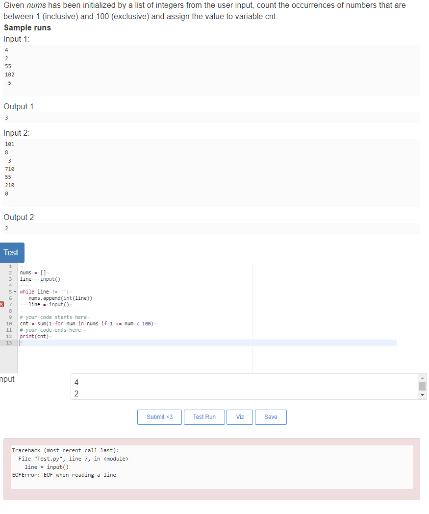 Solved PYTHON: Help! Why am I getting an EOF error here? | Chegg.com