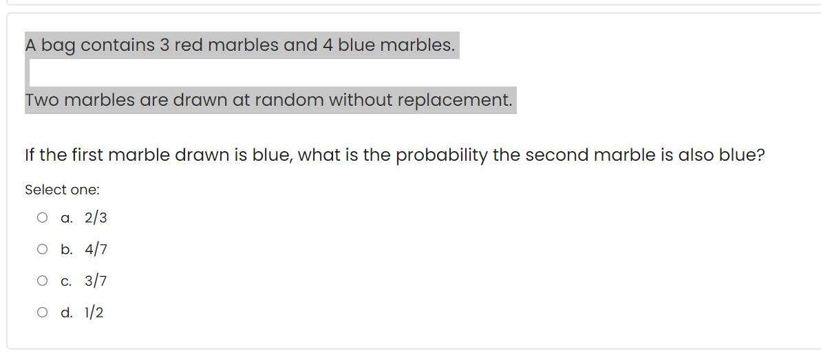 Solved A bag contains 3 red marbles and 4 blue marbles. Two
