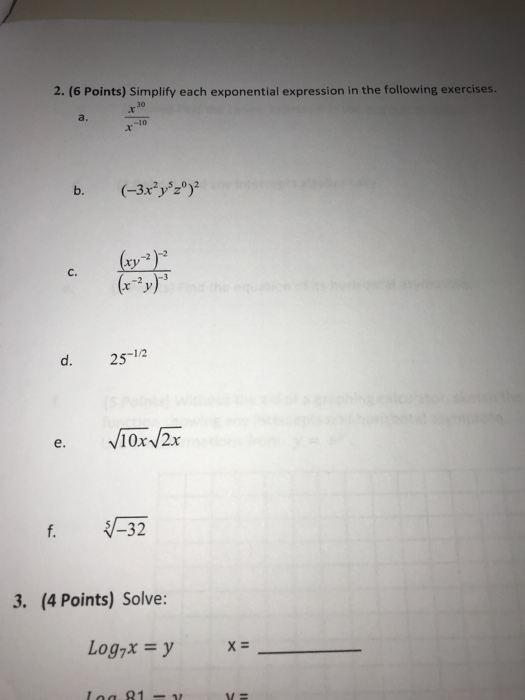 Solved 2. (6 Points) Simplify each exponential expression in | Chegg.com