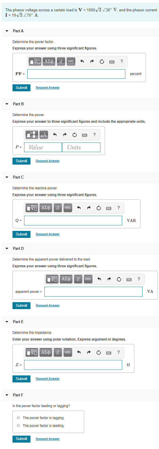 Solved The phasor voltage across a certain load is V = | Chegg.com