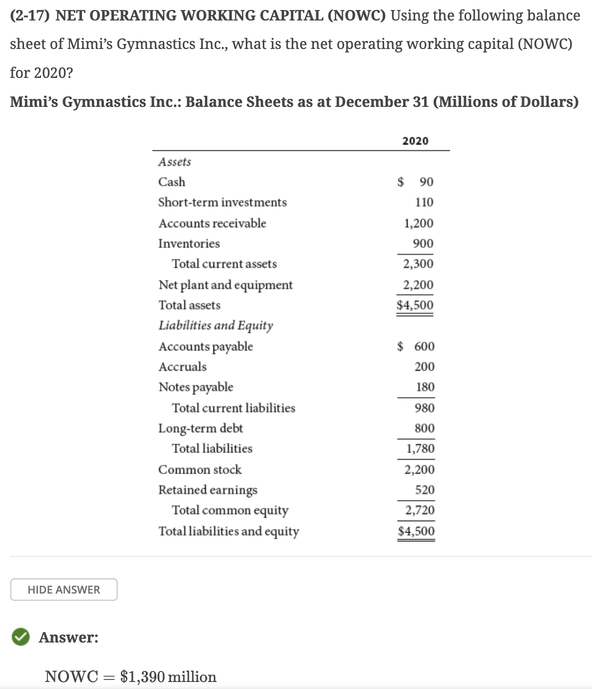 Solved (217) NET OPERATING WORKING CAPITAL (NOWC) Using the