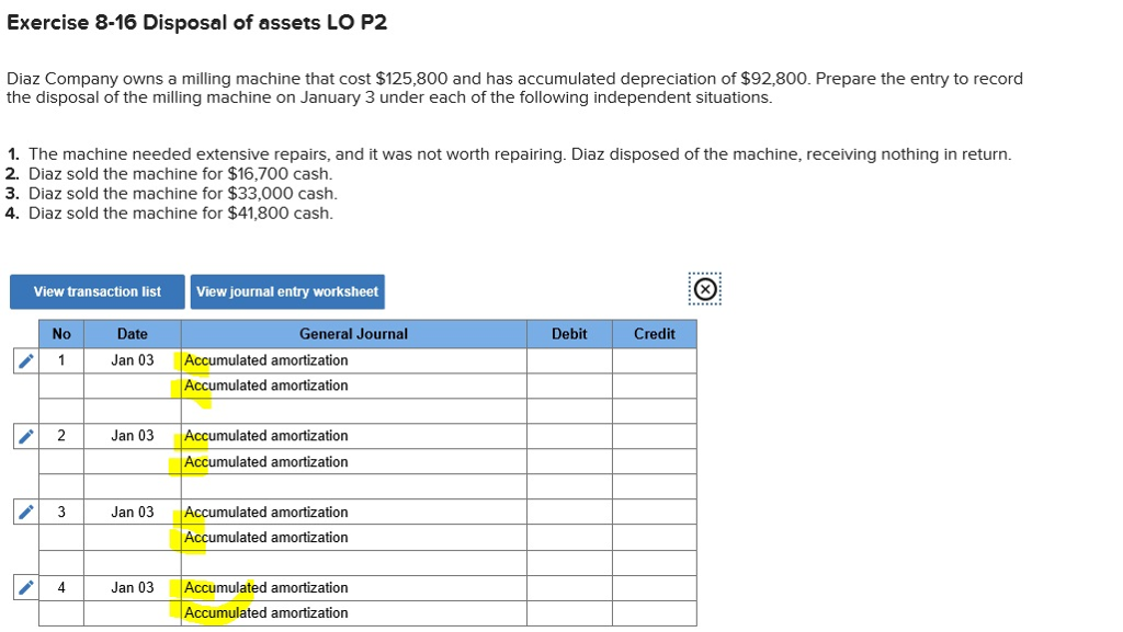 Solved Exercise 816 Disposal of assets LO P2 Diaz Company