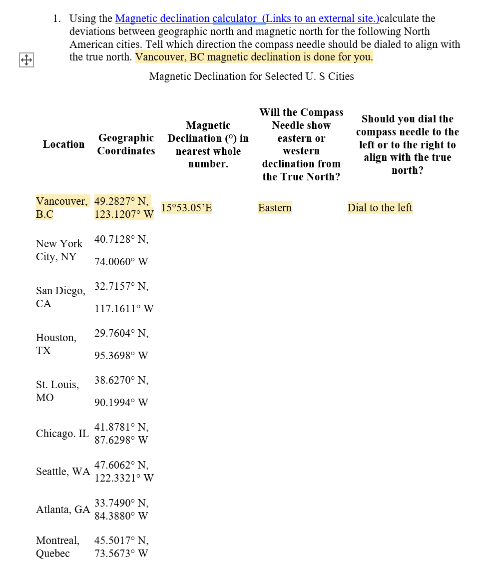 Solved 1. Using the declination calculator (Links