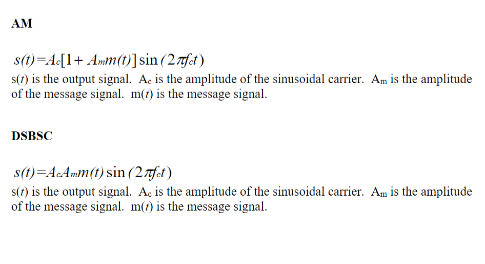 AM
s(t)=Ac[1+ Amm(t)] sin (27fct)
s(t) is the output signal. Ac is the amplitude of the sinusoidal carrier. Am is the amplitu