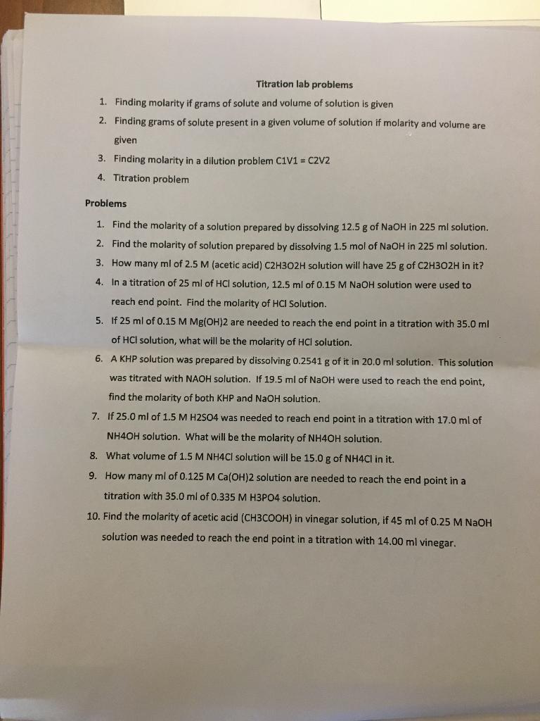 Solved Titration lab problems 1. Finding molarity if grams