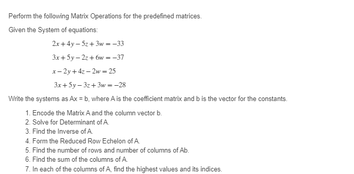 Solved Perform the following Matrix Operations for the | Chegg.com