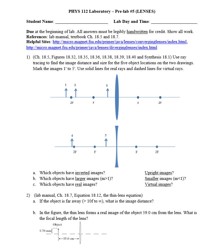 Solved PHYS 112 Laboratory Prelab 5 (LENSES) Student