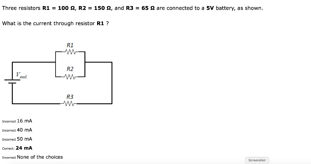 Solved Three resistors R1 = 100 2, R2 = 1502, and R3 = 65 2 | Chegg.com