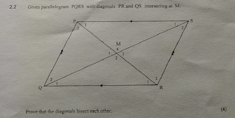 Solved 2 Given Parallelogram Pqrs With Diagonals Pr And Qs 6417