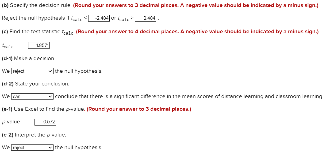 Solved (b) Specify The Decision Rule. (Round Your Answers To | Chegg.com