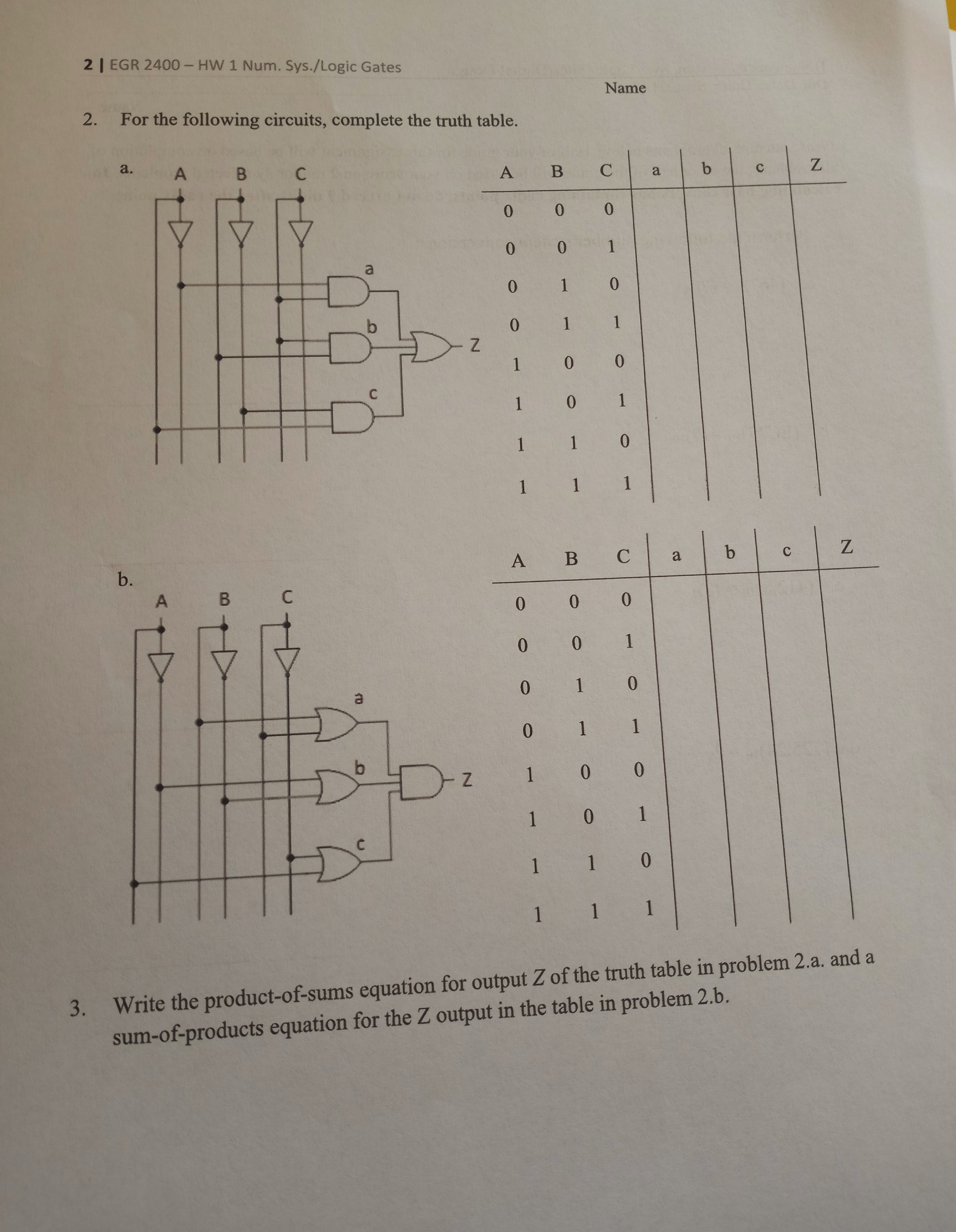 Solved 2 I EGR 2400 - HW 1 Num. Sys./Logic Gates Name 2. For | Chegg.com