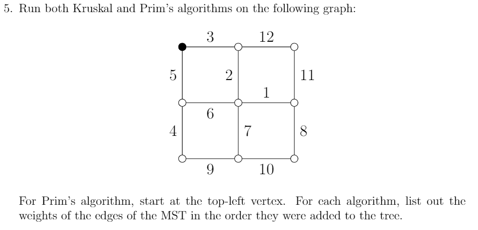 Solved 5. Run both Kruskal and Prim's algorithms on the | Chegg.com