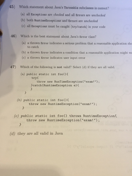 Solved 45) Which statement about Java's Throvable subclasses | Chegg.com