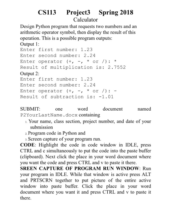 Solved CS113Project3 Spring 2018 Calculator Design Python | Chegg.com