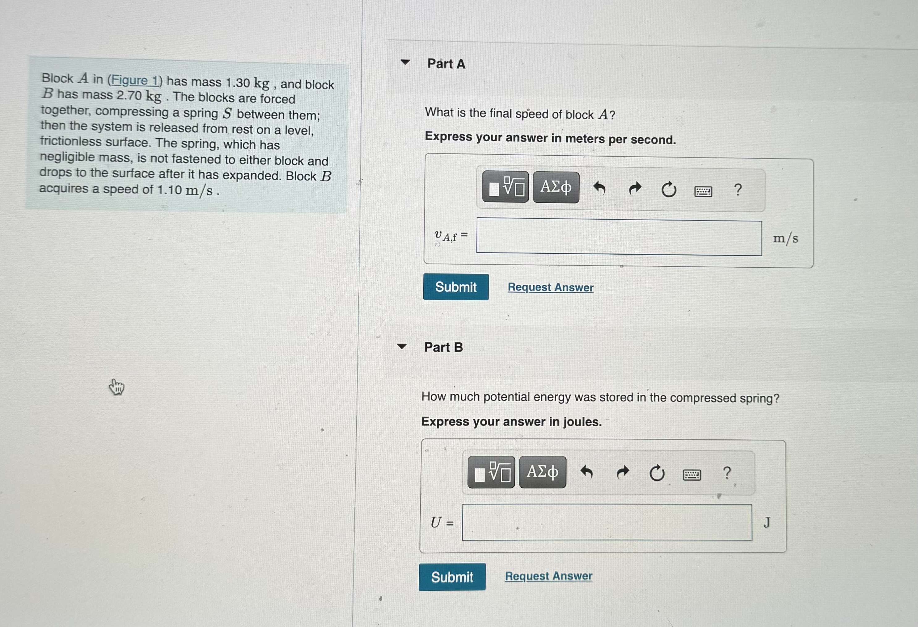 Solved Block A In (Figure 1) Has Mass 1.30 Kg, And Block B | Chegg.com