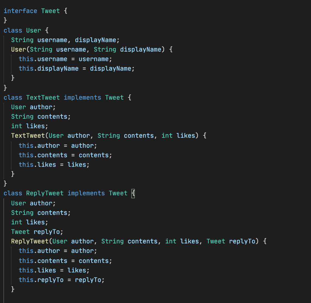 Solved Task 2 - Interfaces We've provided code for Tweet, | Chegg.com