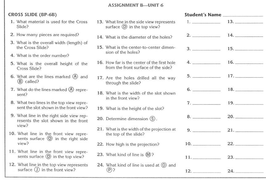 ASSIGNMENT B-UNIT 6 CROSS SLIDE (BP-6B) Students Name 1. What material is used for the Cross 13. What line in the side view