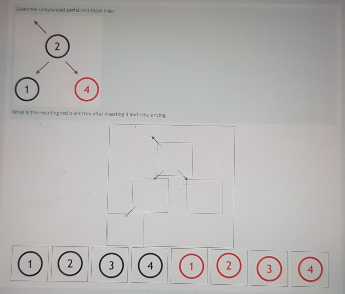 Glven the unbalanced partial red-black tree: 2 1 What is the resulting red black tree after inserting 3 and rebalancing. 1 2