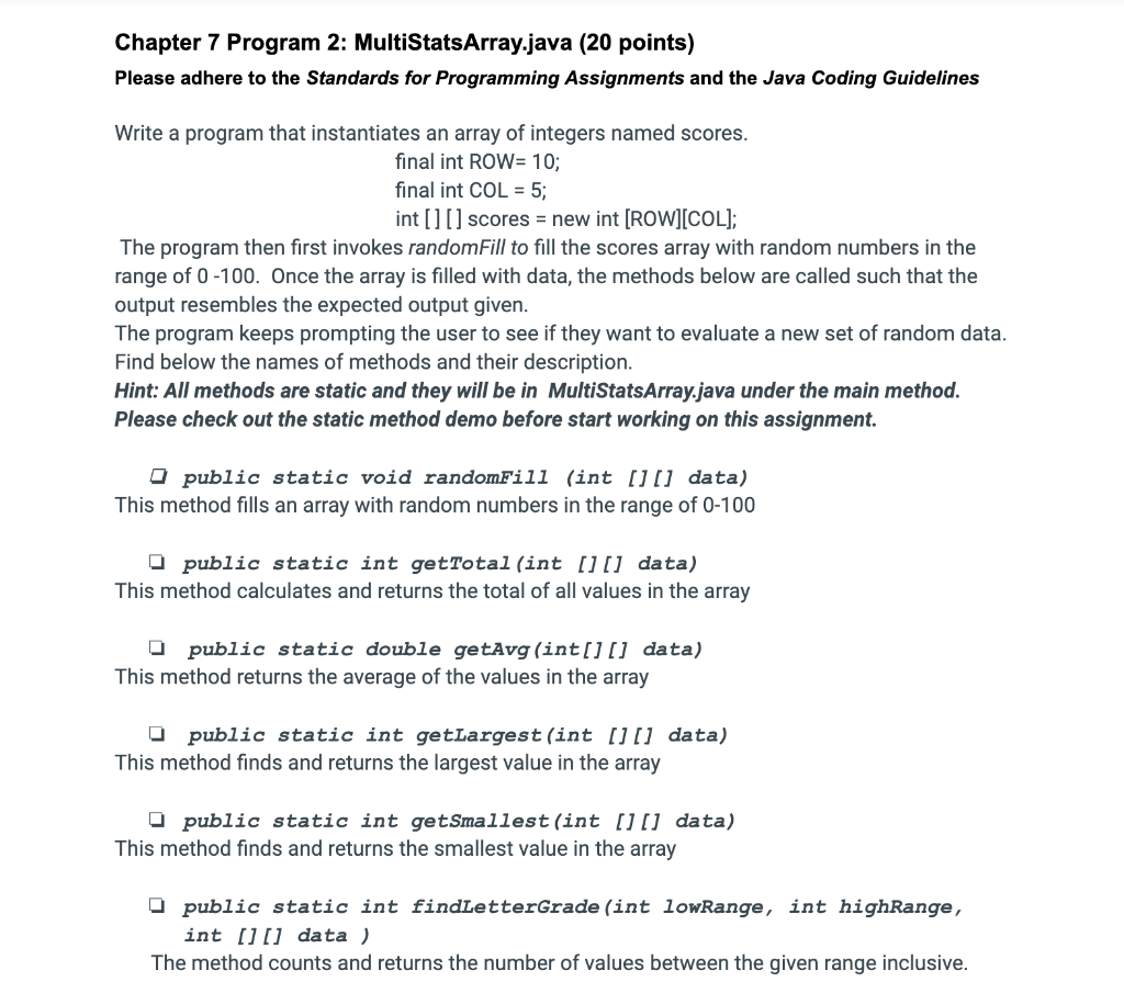 Solved Chapter 7 Program 2: MultiStatsArray.java (20 points) | Chegg.com