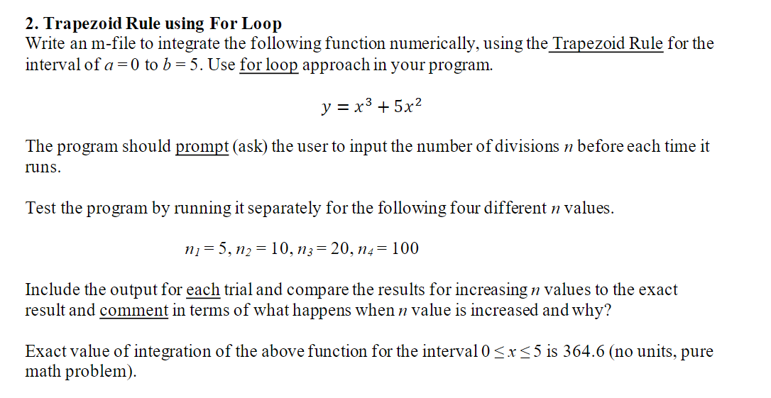 Use matlab pls2. Trapezoid Rule using For Loop Write | Chegg.com