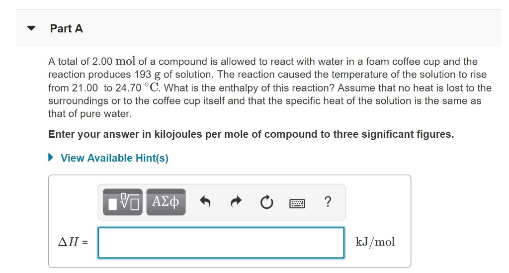 Solved Part A A total of 2.00 mol of a compound is allowed | Chegg.com