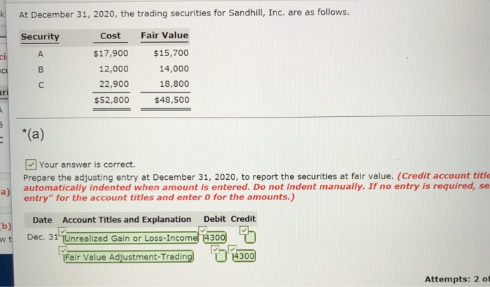 Solved At December 31, 2020, the trading securities for | Chegg.com