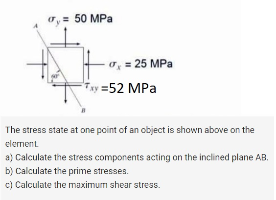 Solved 0,= 50 MPa - 07 = 25 MPa Txy=52 MPa The stress state | Chegg.com