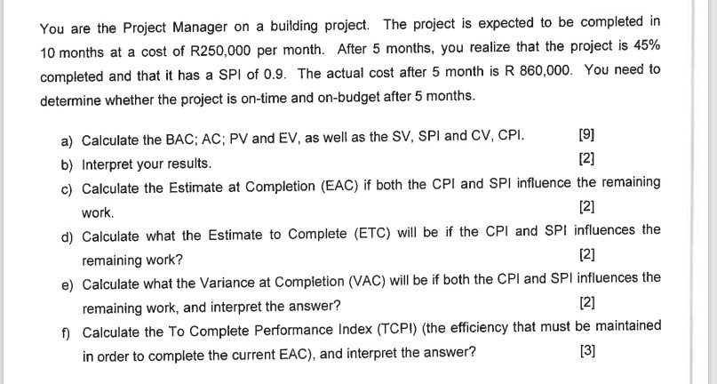 Solved You are the Project Manager on a building project. | Chegg.com