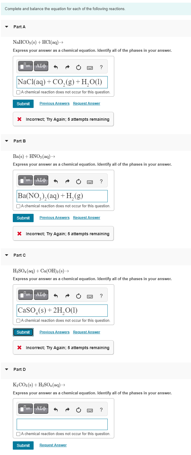 Solved Complete and balance the equation for each of the | Chegg.com