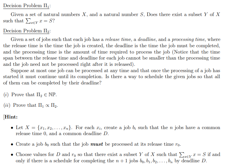 Solved Decision Problem Π1 : Given a set of natural numbers | Chegg.com