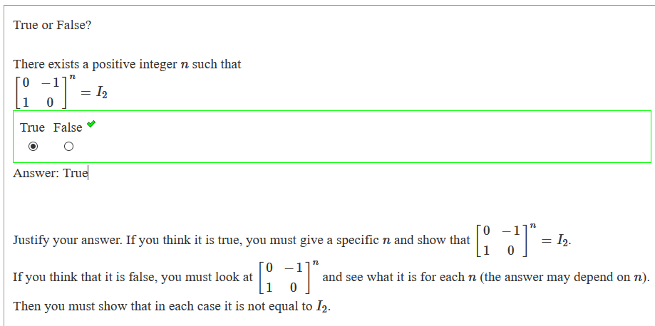 Solved True or False? There exists a positive integer n such | Chegg.com