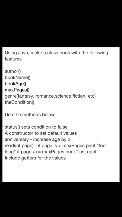 Solved Using Java, make a class book with the following | Chegg.com