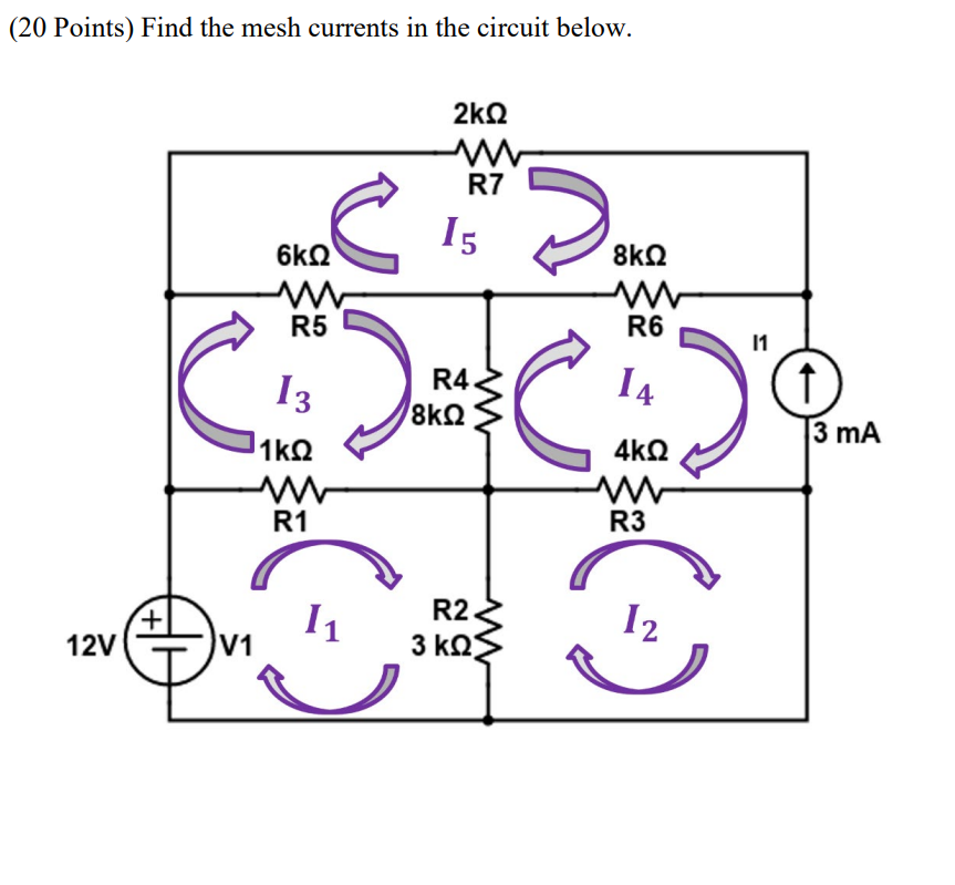Solved (20 Points) Find the mesh currents in the circuit | Chegg.com