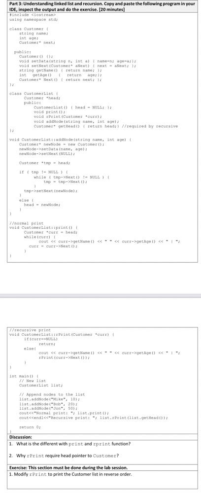 Solved Part 3: Understanding linked list and recursion. Copy | Chegg.com