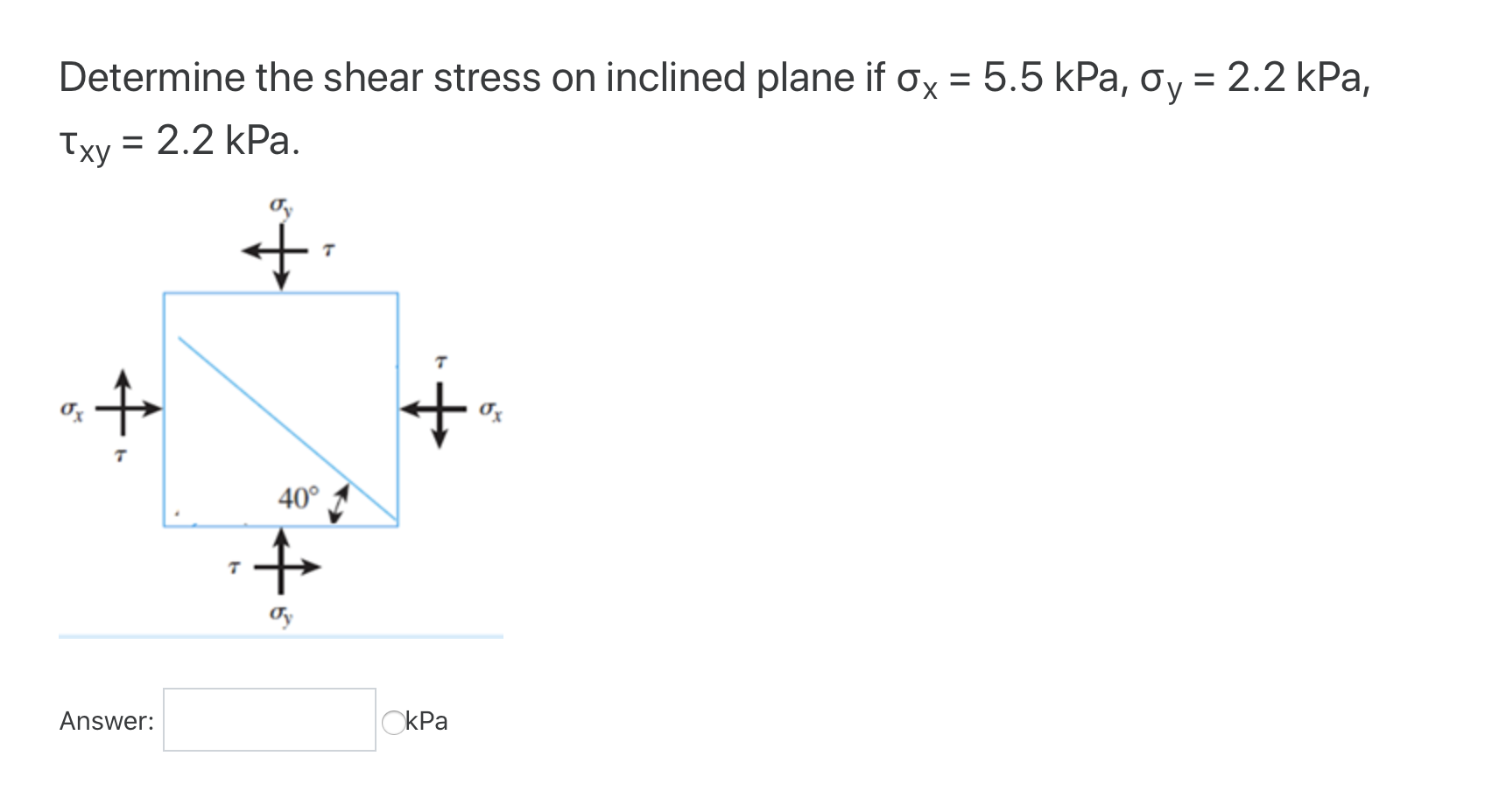 Solved = = Determine the shear stress on inclined plane if | Chegg.com