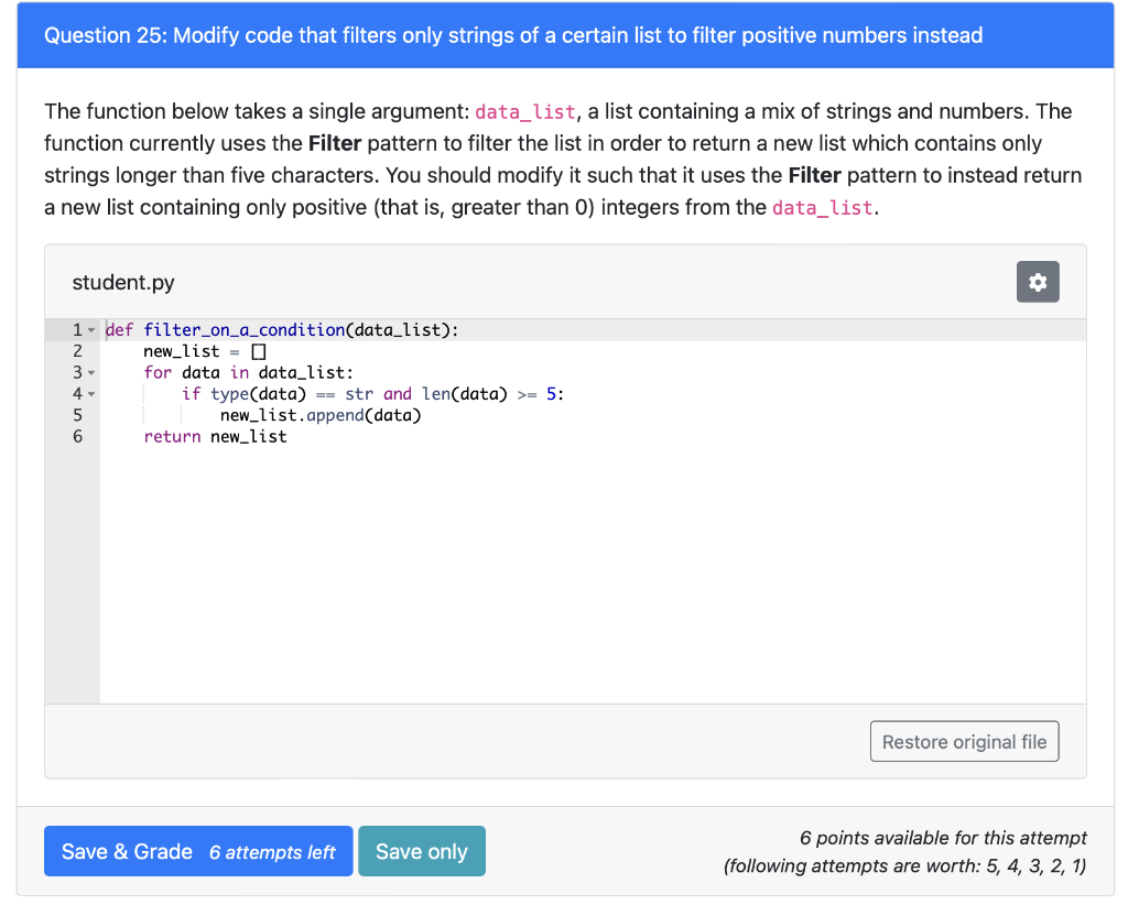 Solved Question 25: Modify code that filters only strings of | Chegg.com