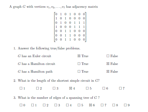 A graph G with vertices Vi, 22, ..., 37 has adjacency matrix TO 101000] 1 0 1 0 0 0 0 0 1 0 0 1 1 1 1 0 0 0 1 1 1 0 0 1 1 0 0